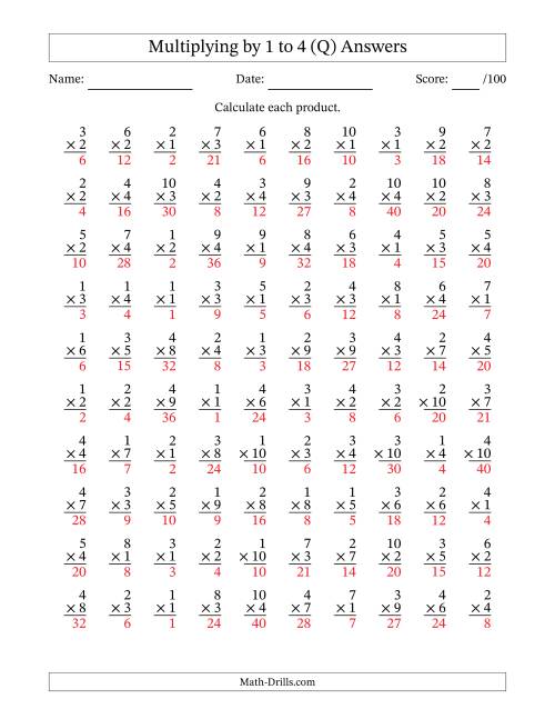 The Multiplying (1 to 10) by 1 to 4 (100 Questions) (Q) Math Worksheet Page 2