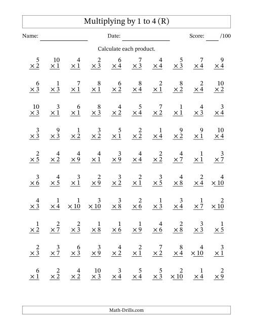 The Multiplying (1 to 10) by 1 to 4 (100 Questions) (R) Math Worksheet