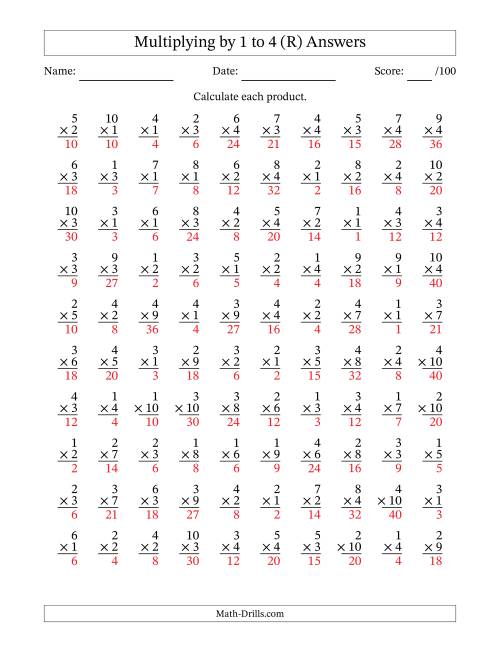 The Multiplying (1 to 10) by 1 to 4 (100 Questions) (R) Math Worksheet Page 2