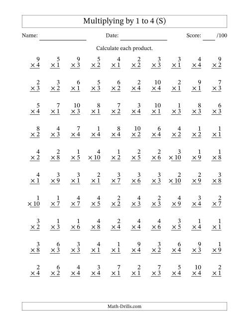 The Multiplying (1 to 10) by 1 to 4 (100 Questions) (S) Math Worksheet