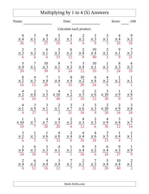 The Multiplying (1 to 10) by 1 to 4 (100 Questions) (S) Math Worksheet Page 2