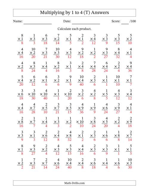 The Multiplying (1 to 10) by 1 to 4 (100 Questions) (T) Math Worksheet Page 2