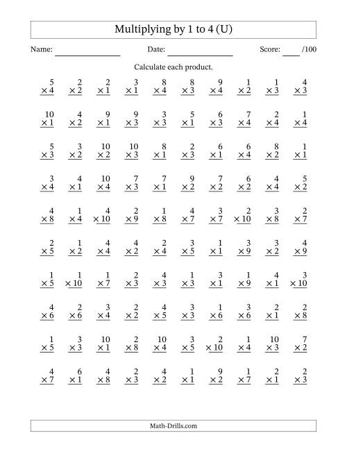 The Multiplying (1 to 10) by 1 to 4 (100 Questions) (U) Math Worksheet