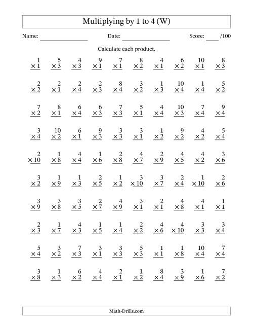 The Multiplying (1 to 10) by 1 to 4 (100 Questions) (W) Math Worksheet