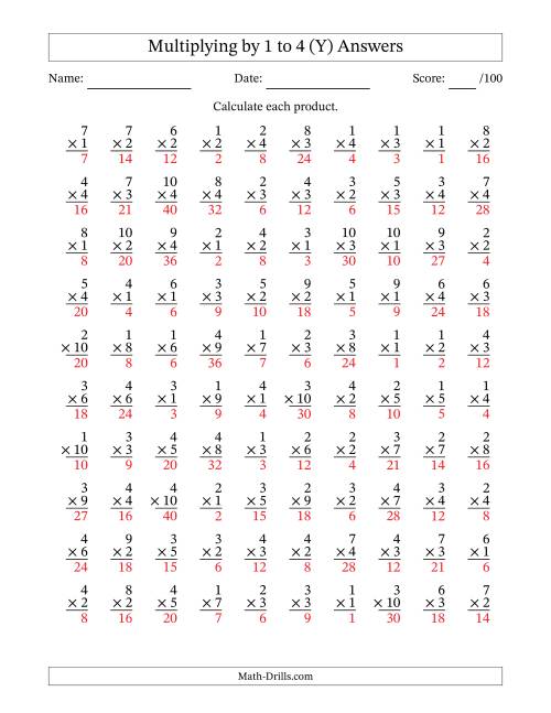 The Multiplying (1 to 10) by 1 to 4 (100 Questions) (Y) Math Worksheet Page 2