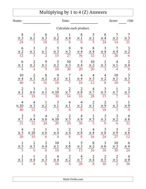 The Multiplying (1 to 10) by 1 to 4 (100 Questions) (Z) Math Worksheet Page 2