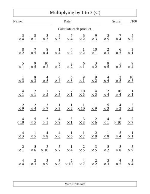 The Multiplying (1 to 10) by 1 to 5 (100 Questions) (C) Math Worksheet