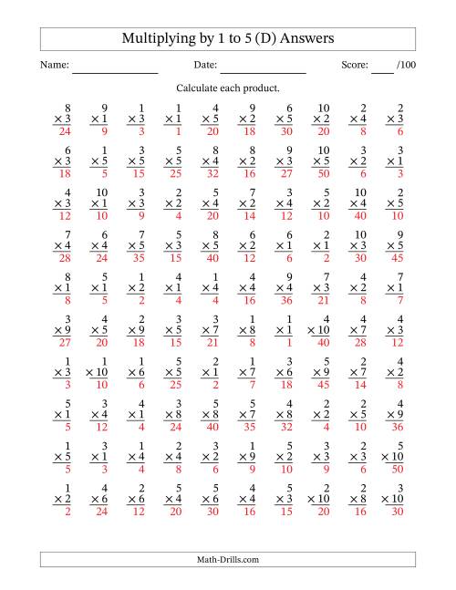 The Multiplying (1 to 10) by 1 to 5 (100 Questions) (D) Math Worksheet Page 2