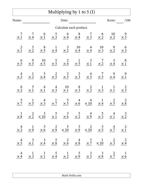 The Multiplying (1 to 10) by 1 to 5 (100 Questions) (I) Math Worksheet
