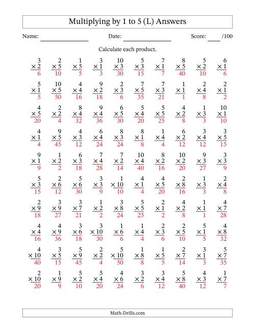 The Multiplying (1 to 10) by 1 to 5 (100 Questions) (L) Math Worksheet Page 2