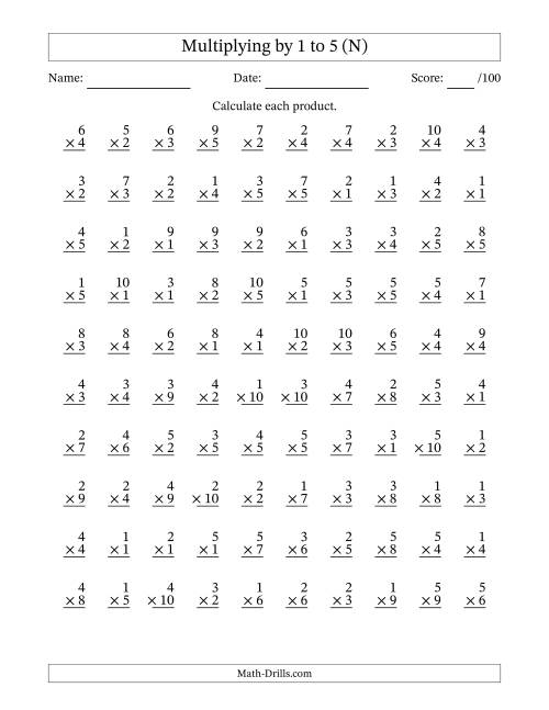 The Multiplying (1 to 10) by 1 to 5 (100 Questions) (N) Math Worksheet