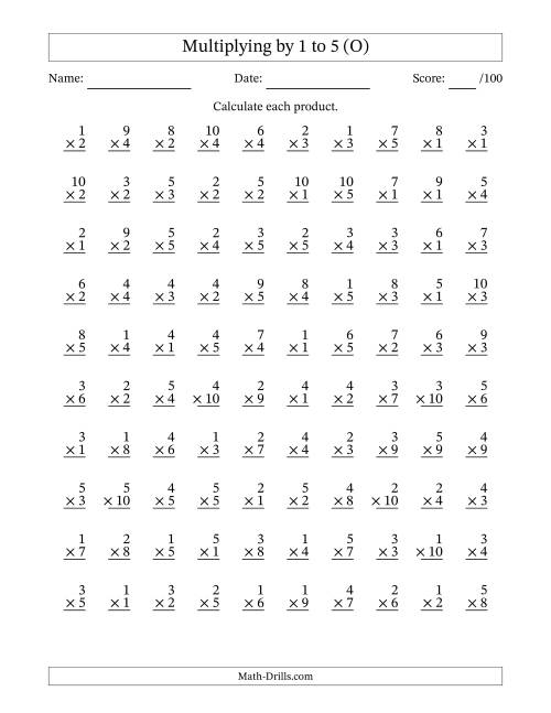 The Multiplying (1 to 10) by 1 to 5 (100 Questions) (O) Math Worksheet