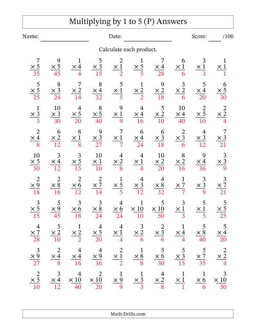 The Multiplying (1 to 10) by 1 to 5 (100 Questions) (P) Math Worksheet Page 2