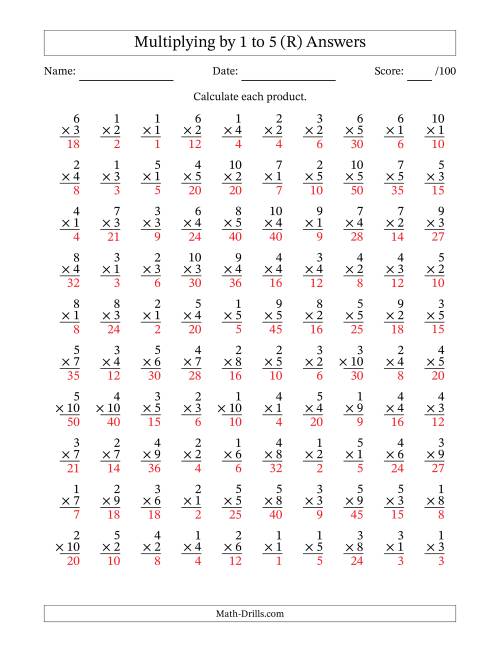 The Multiplying (1 to 10) by 1 to 5 (100 Questions) (R) Math Worksheet Page 2