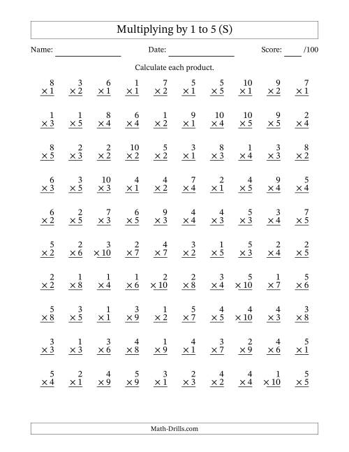 The Multiplying (1 to 10) by 1 to 5 (100 Questions) (S) Math Worksheet