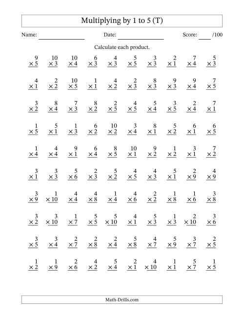 The Multiplying (1 to 10) by 1 to 5 (100 Questions) (T) Math Worksheet