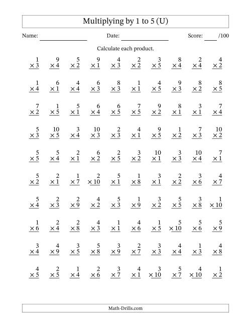 The Multiplying (1 to 10) by 1 to 5 (100 Questions) (U) Math Worksheet