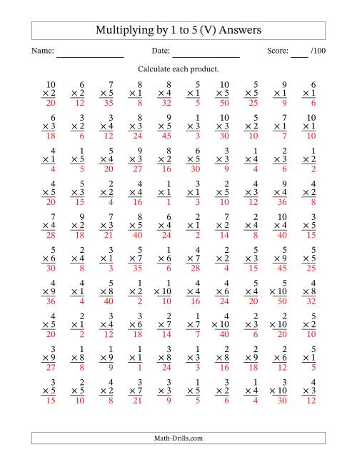 The Multiplying (1 to 10) by 1 to 5 (100 Questions) (V) Math Worksheet Page 2