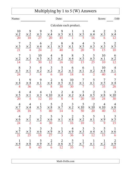 The Multiplying (1 to 10) by 1 to 5 (100 Questions) (W) Math Worksheet Page 2
