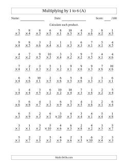 Multiplying (1 to 10) by 1 to 6 (100 Questions)