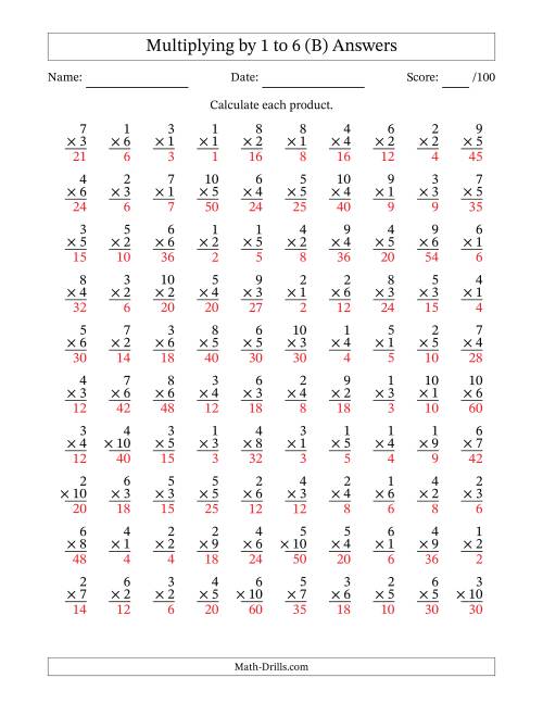 The Multiplying (1 to 10) by 1 to 6 (100 Questions) (B) Math Worksheet Page 2