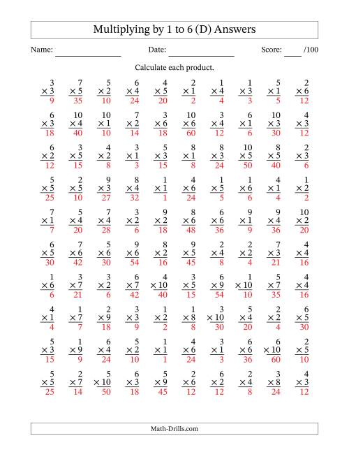 The Multiplying (1 to 10) by 1 to 6 (100 Questions) (D) Math Worksheet Page 2