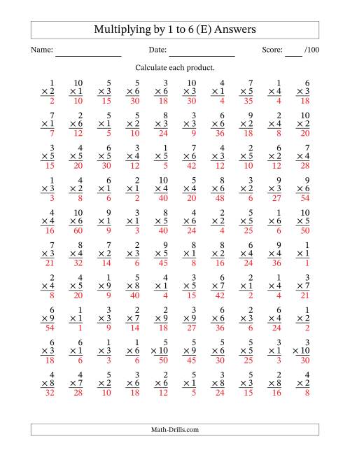 The Multiplying (1 to 10) by 1 to 6 (100 Questions) (E) Math Worksheet Page 2