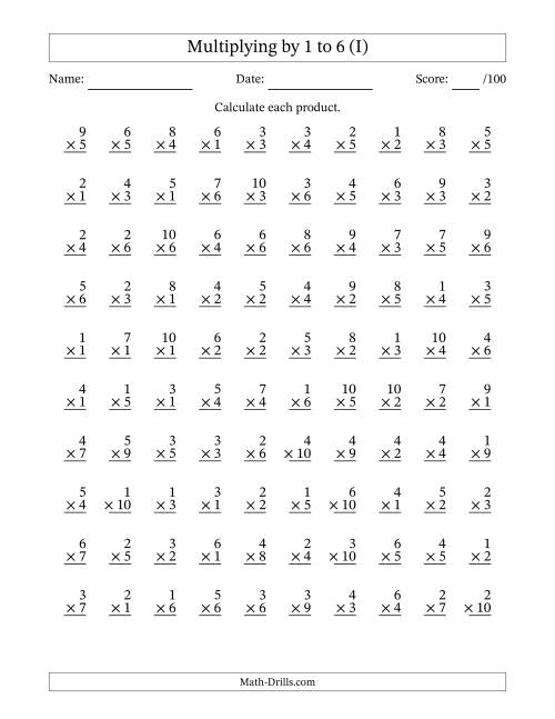 The Multiplying (1 to 10) by 1 to 6 (100 Questions) (I) Math Worksheet