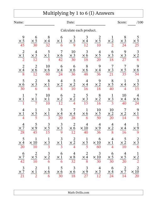 The Multiplying (1 to 10) by 1 to 6 (100 Questions) (I) Math Worksheet Page 2