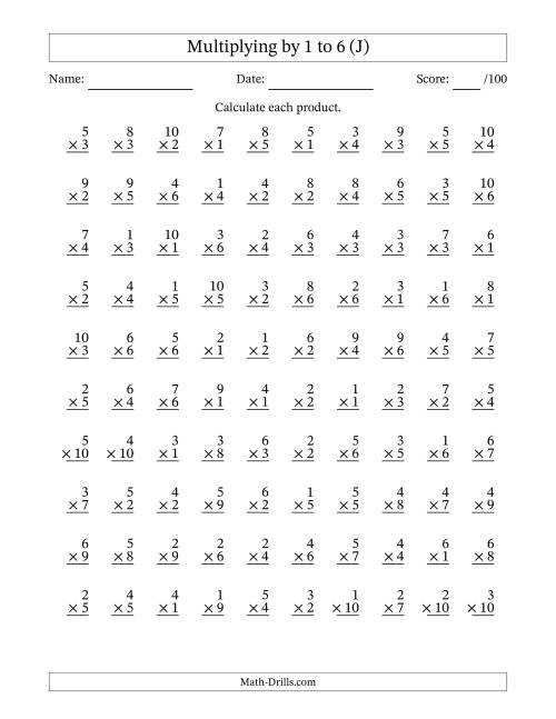 The Multiplying (1 to 10) by 1 to 6 (100 Questions) (J) Math Worksheet