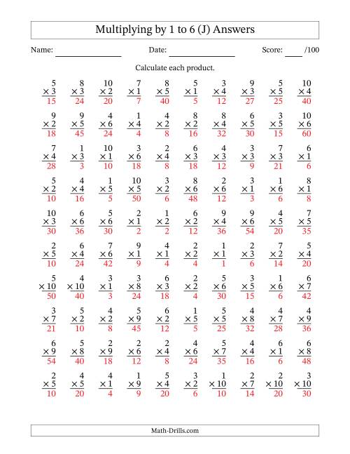 The Multiplying (1 to 10) by 1 to 6 (100 Questions) (J) Math Worksheet Page 2