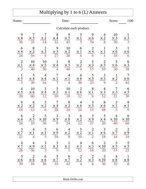 The Multiplying (1 to 10) by 1 to 6 (100 Questions) (L) Math Worksheet Page 2