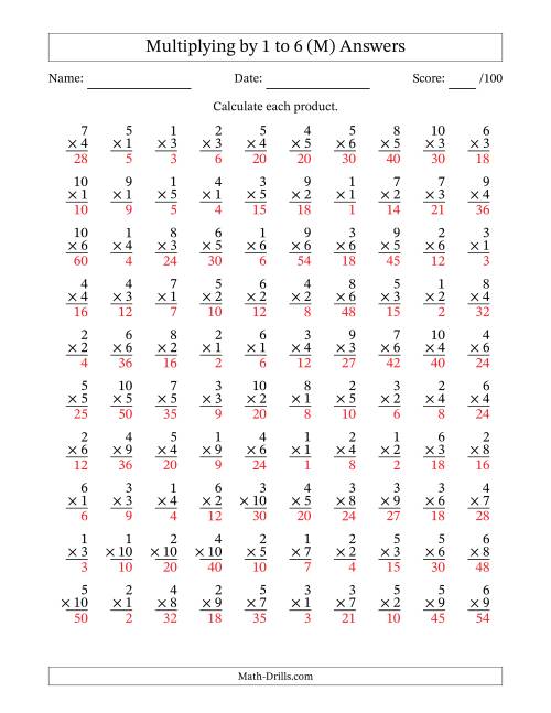 The Multiplying (1 to 10) by 1 to 6 (100 Questions) (M) Math Worksheet Page 2