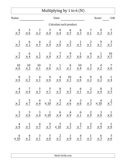 The Multiplying (1 to 10) by 1 to 6 (100 Questions) (N) Math Worksheet