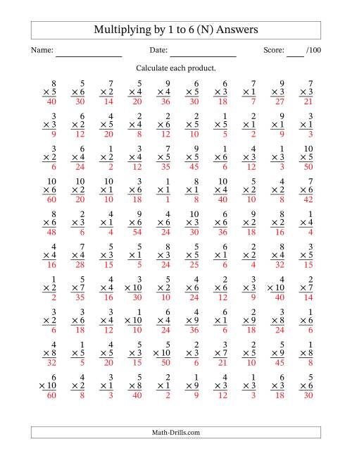 The Multiplying (1 to 10) by 1 to 6 (100 Questions) (N) Math Worksheet Page 2