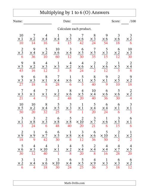 The Multiplying (1 to 10) by 1 to 6 (100 Questions) (O) Math Worksheet Page 2
