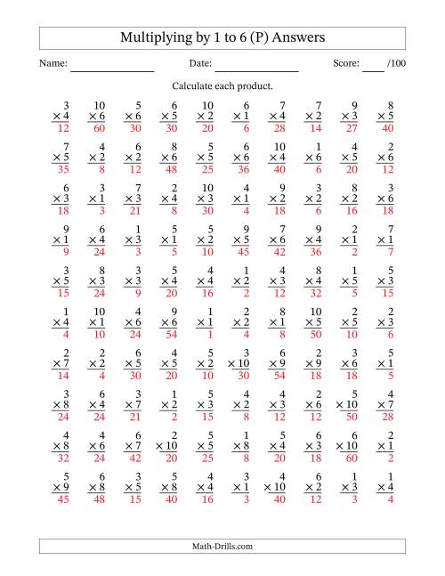 The Multiplying (1 to 10) by 1 to 6 (100 Questions) (P) Math Worksheet Page 2