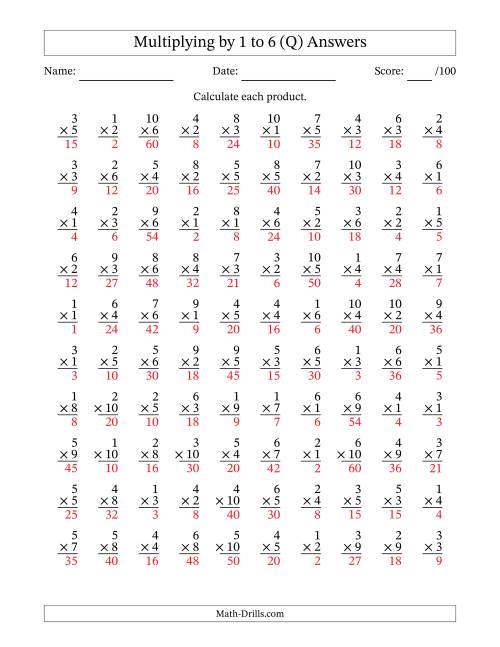 The Multiplying (1 to 10) by 1 to 6 (100 Questions) (Q) Math Worksheet Page 2
