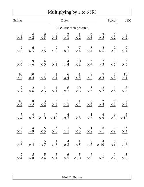 The Multiplying (1 to 10) by 1 to 6 (100 Questions) (R) Math Worksheet