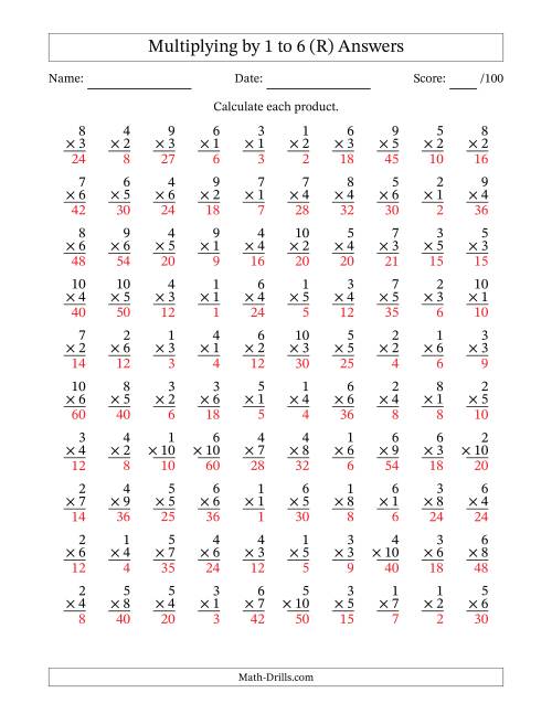 The Multiplying (1 to 10) by 1 to 6 (100 Questions) (R) Math Worksheet Page 2