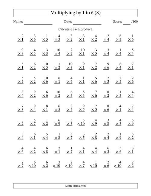 The Multiplying (1 to 10) by 1 to 6 (100 Questions) (S) Math Worksheet