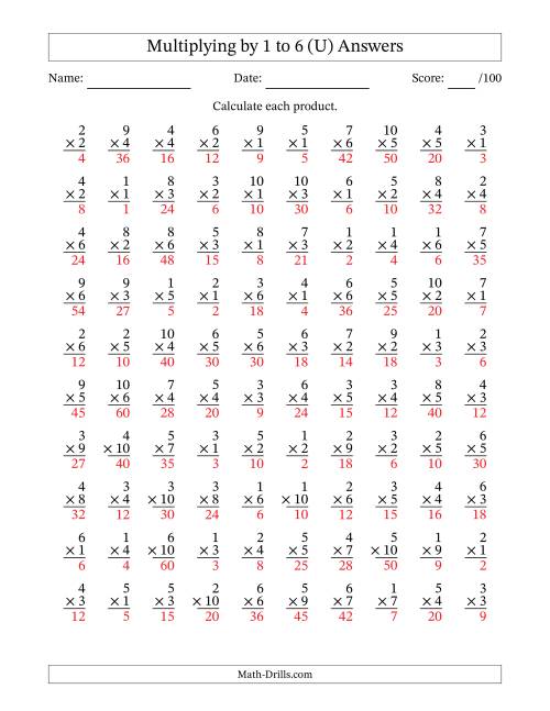 The Multiplying (1 to 10) by 1 to 6 (100 Questions) (U) Math Worksheet Page 2