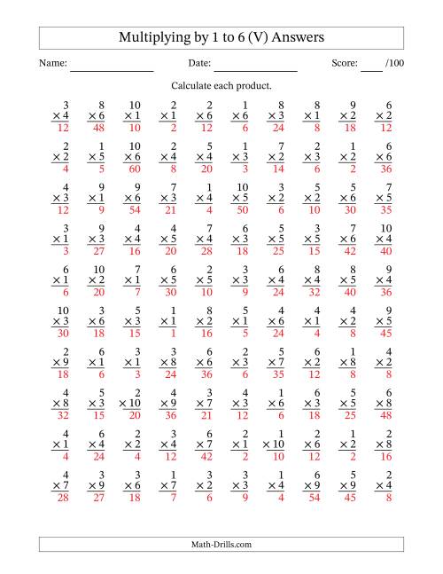 The Multiplying (1 to 10) by 1 to 6 (100 Questions) (V) Math Worksheet Page 2