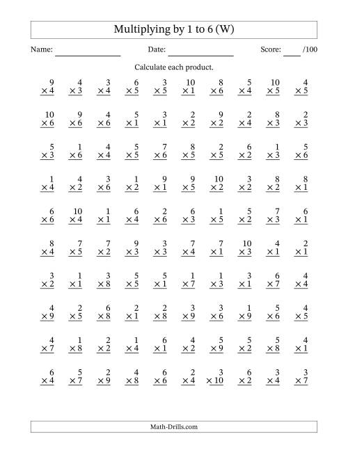 The Multiplying (1 to 10) by 1 to 6 (100 Questions) (W) Math Worksheet
