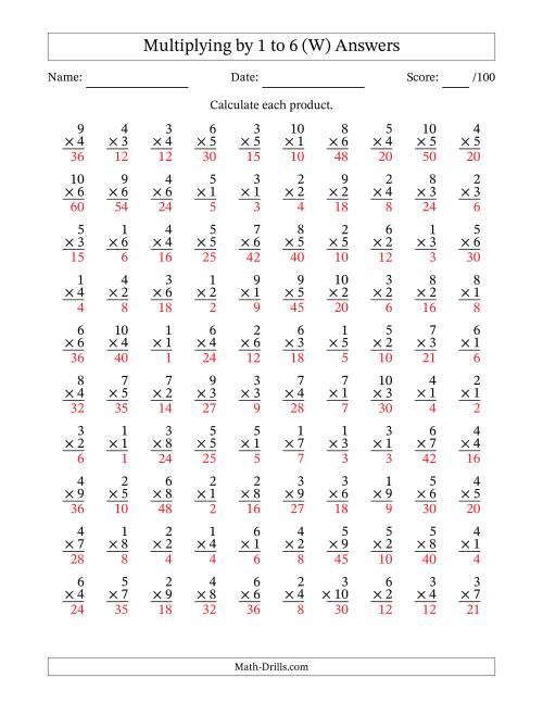 The Multiplying (1 to 10) by 1 to 6 (100 Questions) (W) Math Worksheet Page 2