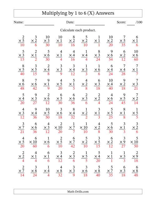 The Multiplying (1 to 10) by 1 to 6 (100 Questions) (X) Math Worksheet Page 2