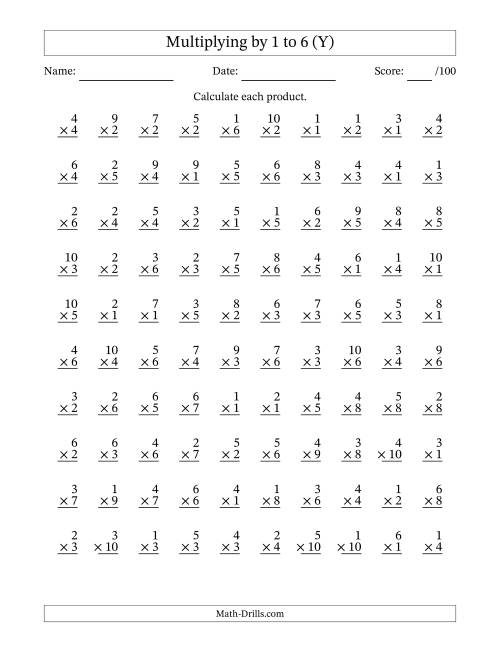 The Multiplying (1 to 10) by 1 to 6 (100 Questions) (Y) Math Worksheet