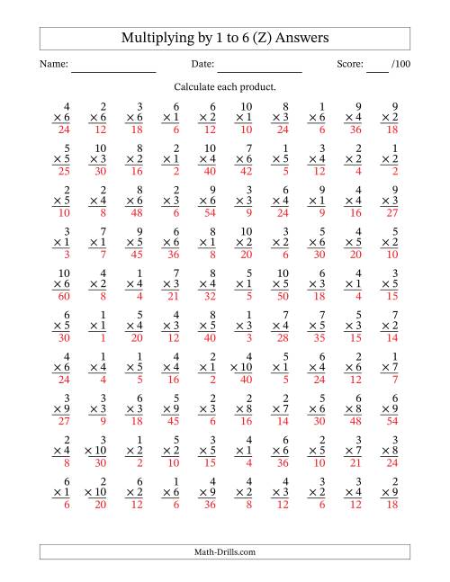 The Multiplying (1 to 10) by 1 to 6 (100 Questions) (Z) Math Worksheet Page 2