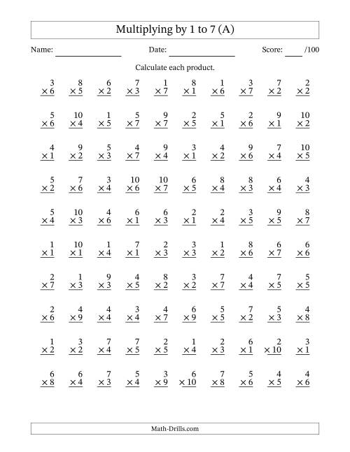 The Multiplying (1 to 10) by 1 to 7 (100 Questions) (A) Math Worksheet
