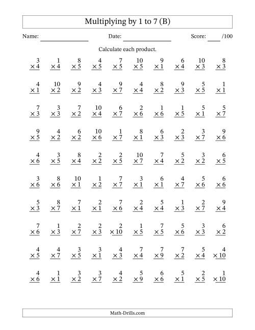 The Multiplying (1 to 10) by 1 to 7 (100 Questions) (B) Math Worksheet